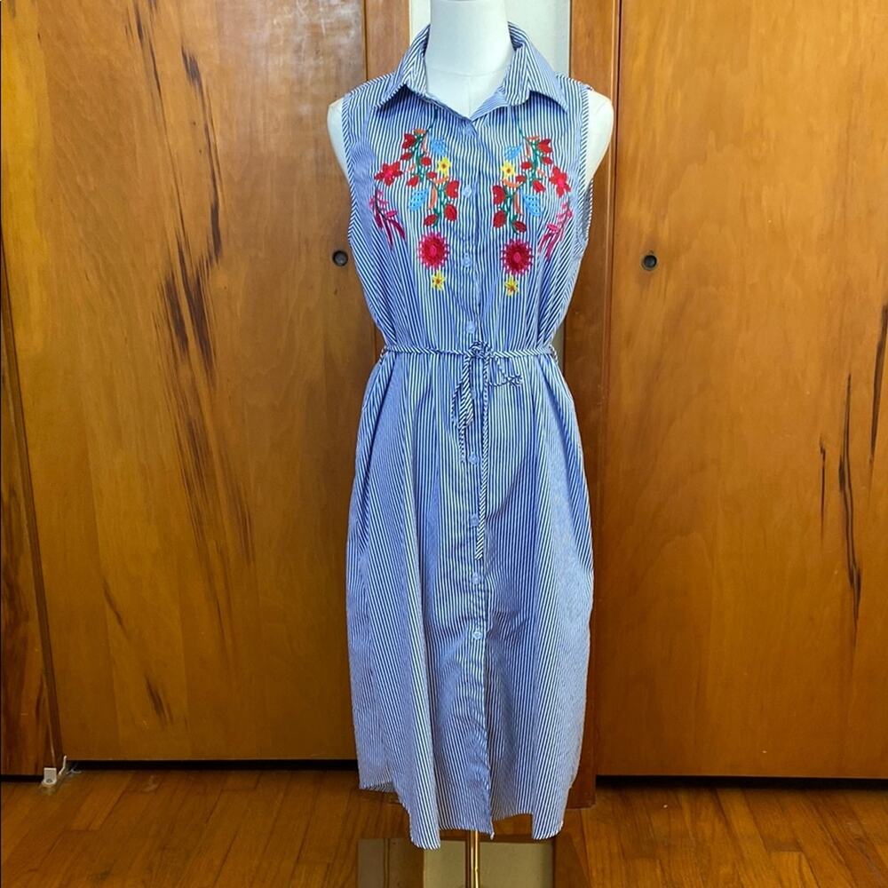 Magic Blue White Striped Dress Red Floral Embroidery Sleeveless Button Down Boho
